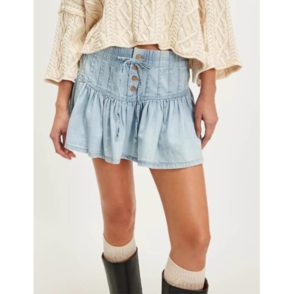 WE THE FREE Roselle Denim Tiered Ruffle Mini Skirt Light Wash Drawstring Waist S